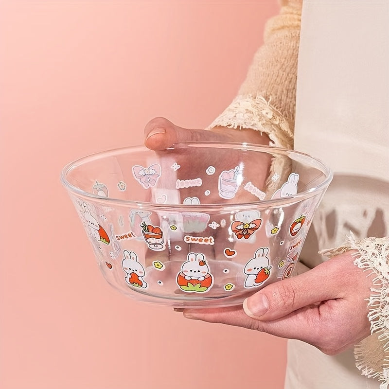 2pcs, cartoon glass salad bowl with lid, suitable for mixed food such as salad