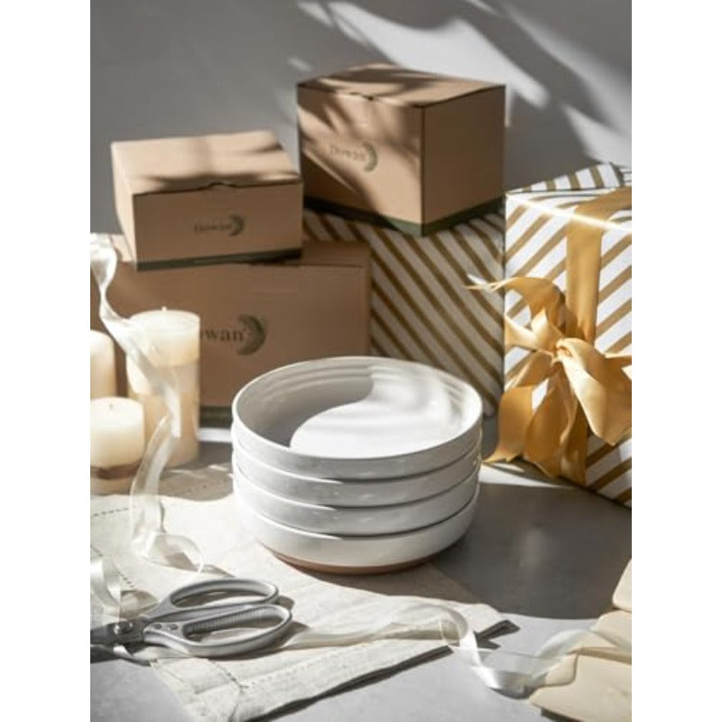 Set of 4 White Ceramic Pasta Bowls with Sesame Glaze Finish