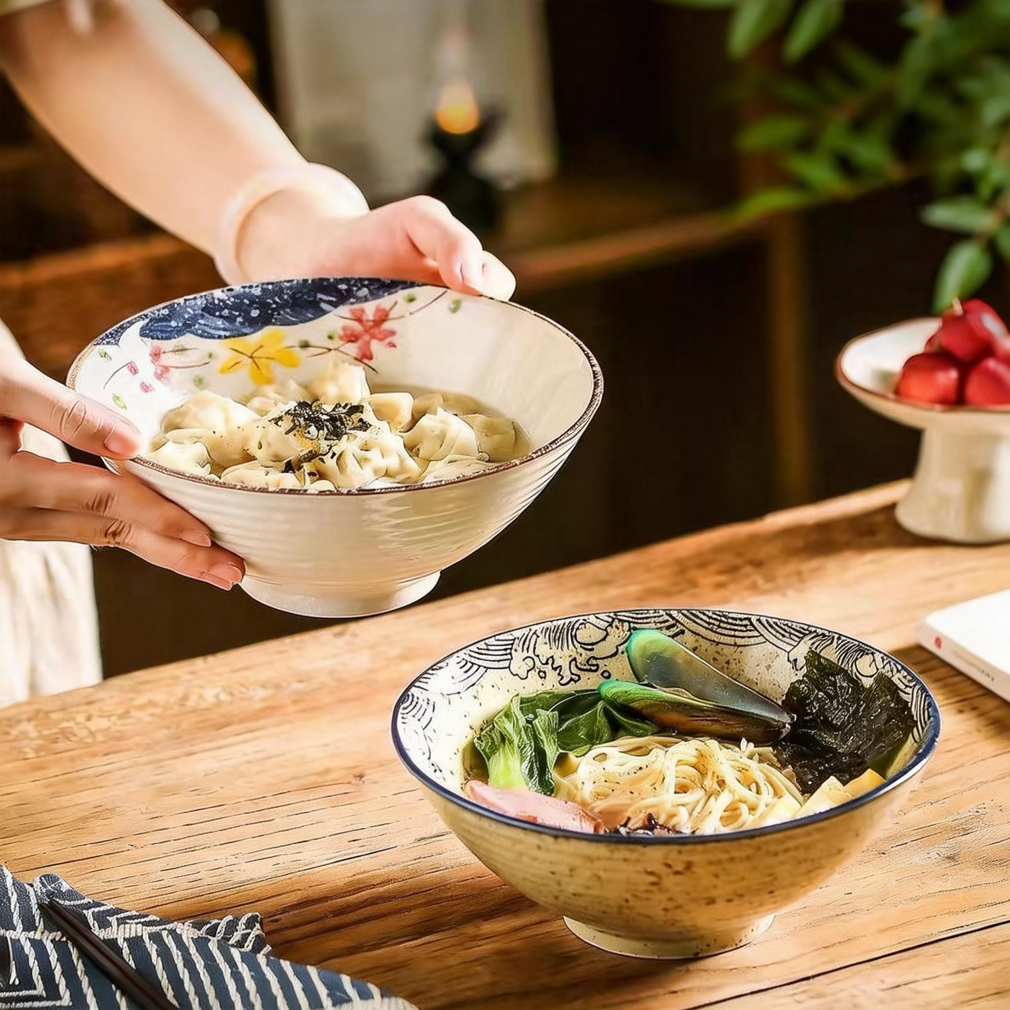2pcs Large Japanese Ceramic Ramen Bowls with Underglaze Color