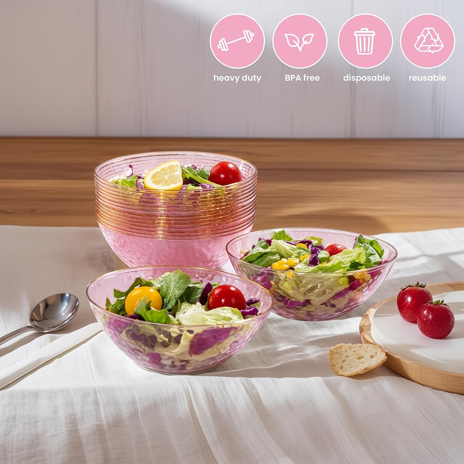 30 Clear Disposable Bowls, Clear Plastic Bowls with Rim