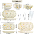 42\u002F56pcs Pastoral Floral Ceramic Tableware Set for Home Use, Creamy Yellow Base with Yellow-Green Floral Patterns, Fresh & Gentle Style, Including Bowls\u002FPlates\u002FRectangular Plates, Ideal for Daily Family Meals, Desserts And Soups