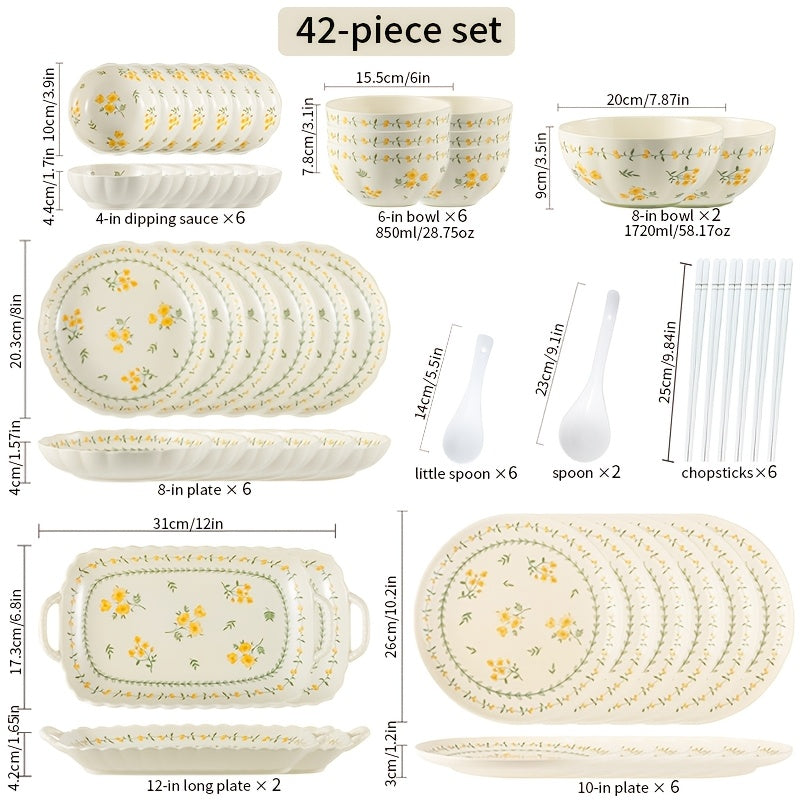42\u002F56pcs Pastoral Floral Ceramic Tableware Set for Home Use, Creamy Yellow Base with Yellow-Green Floral Patterns, Fresh & Gentle Style, Including Bowls\u002FPlates\u002FRectangular Plates, Ideal for Daily Family Meals, Desserts And Soups