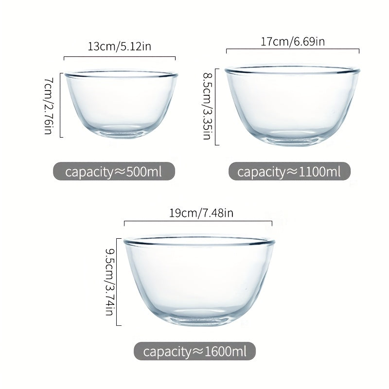 3pcs Set of Thickened Borosilicate Salad Bowls, Clear Mixing Bowl