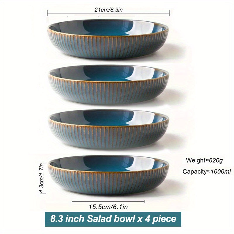 4pcs Set Blue Porcelain Pasta Bowls - 35oz, 8.5\