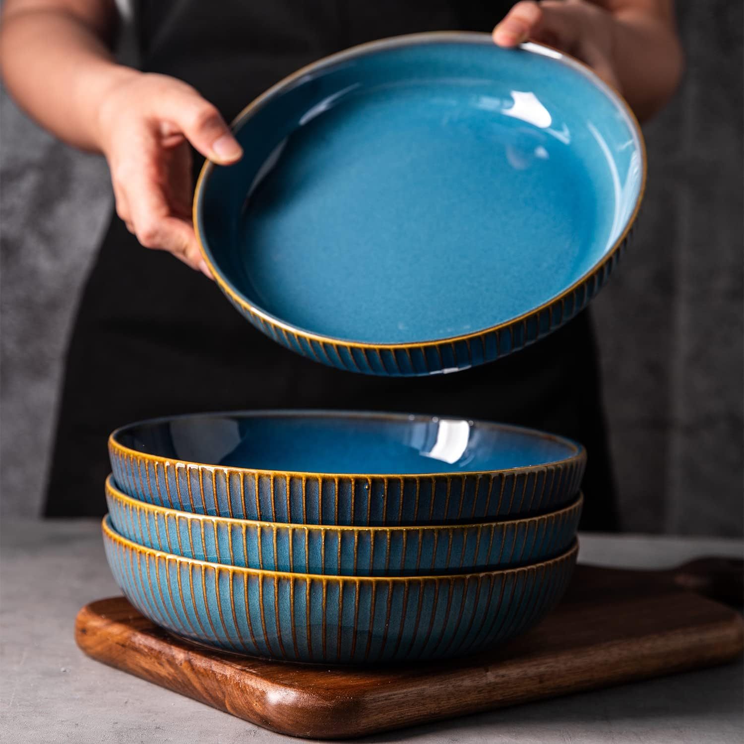 4pcs Set Blue Porcelain Pasta Bowls - 35oz, 8.5\