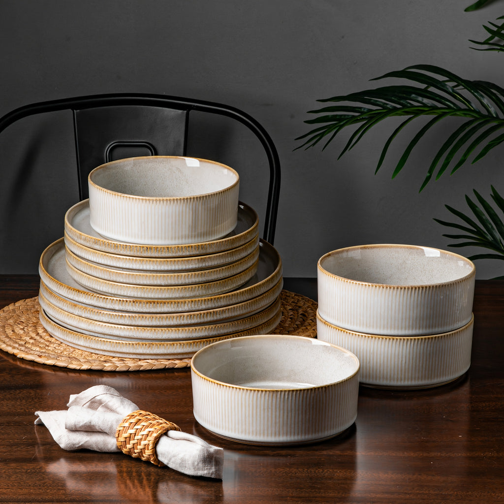 12pcs Striped Cream Beige Ceramic Dinnerware Set