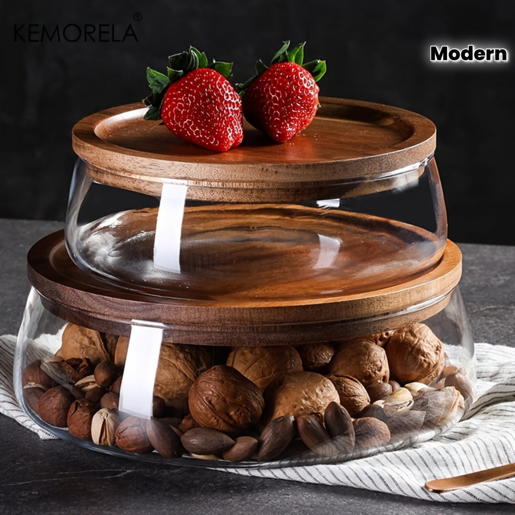 KEMORELA Glass Bowl with Lid - Food-Safe Glass Wood Kitchen Storage Container for Nuts