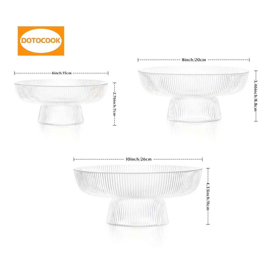 3pcs, Elegant Glass Fruit Bowl - Clear Ribbed Fluted Pedestal Bowl for Fruits, Salads