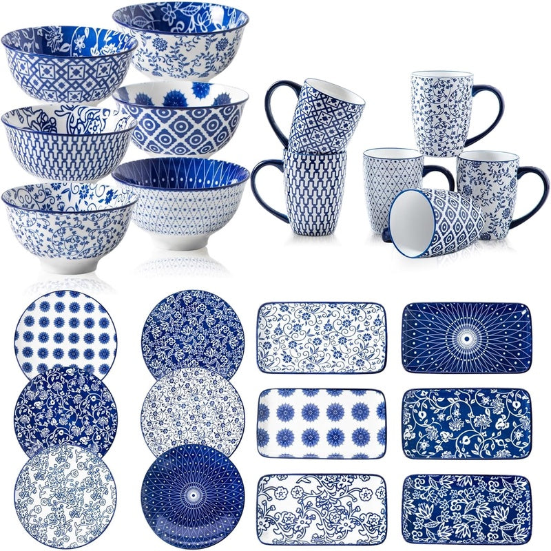 24 Pieces Ceramic Dinnerware - 10.5 Inch Dinner Plates and 8.3 Inch Rec Serving Platter and 12 Oz Dessert Bowls and 16 Oz Coffee Mugs Sets - Service for 6 - Vintage Blue