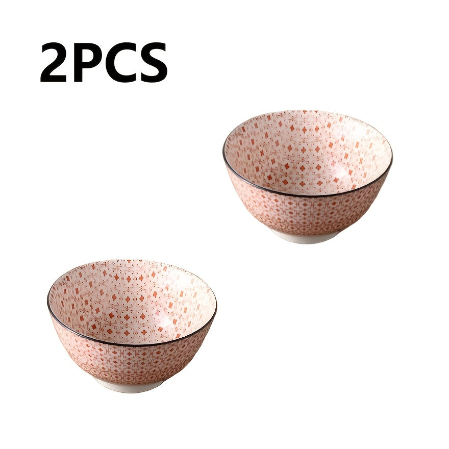 2pcs 8in Retro patterned ceramic bowl | Underglaze color double sided color design ceramic bowl