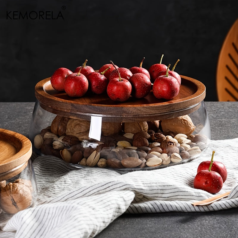 KEMORELA Glass Bowl with Lid - Food-Safe Glass Wood Kitchen Storage Container for Nuts