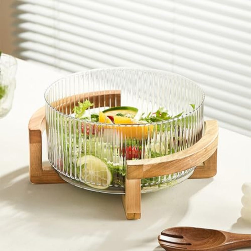 Large Borosilicate Glass Salad Bowl with Natural Stand - 8.74-Inch Wide-Mouth Serving Dish