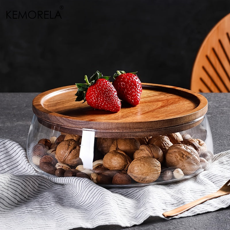 KEMORELA Glass Bowl with Lid - Food-Safe Glass Wood Kitchen Storage Container for Nuts