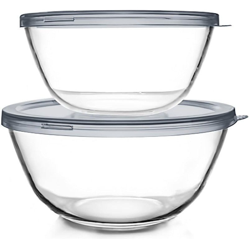 2pcs Large Glass Mixing Bowls with Lids Set - Heavy-Duty Clear Glass Nesting Bowls with Airtight Lids