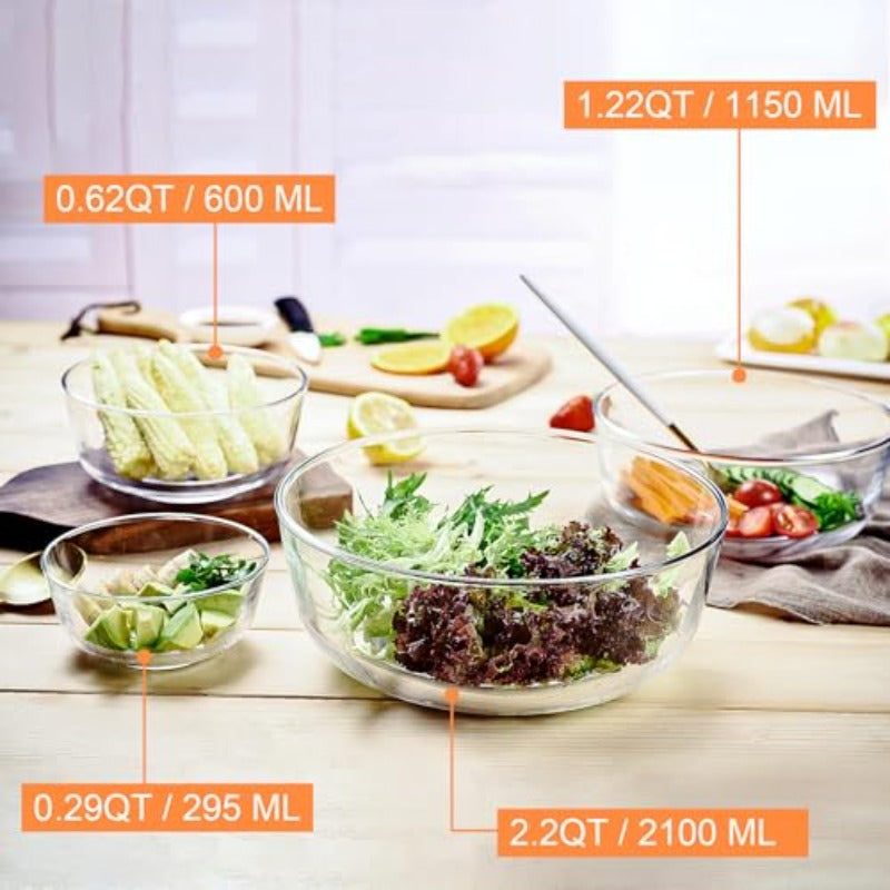 Set of 4 Glass Mixing Bowls | Stackable Kitchen Prepping Baking Cooking Prep Serving Bowls