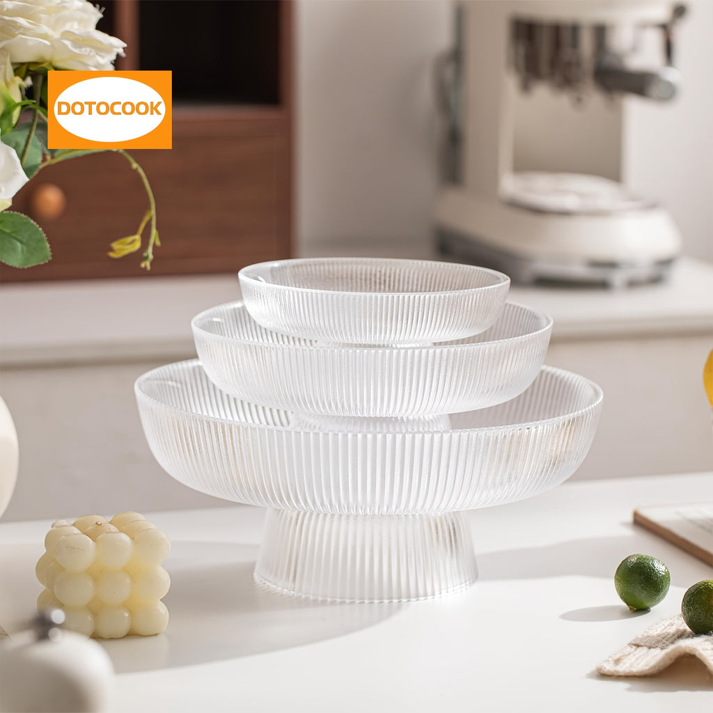 3pcs, Elegant Glass Fruit Bowl - Clear Ribbed Fluted Pedestal Bowl for Fruits, Salads
