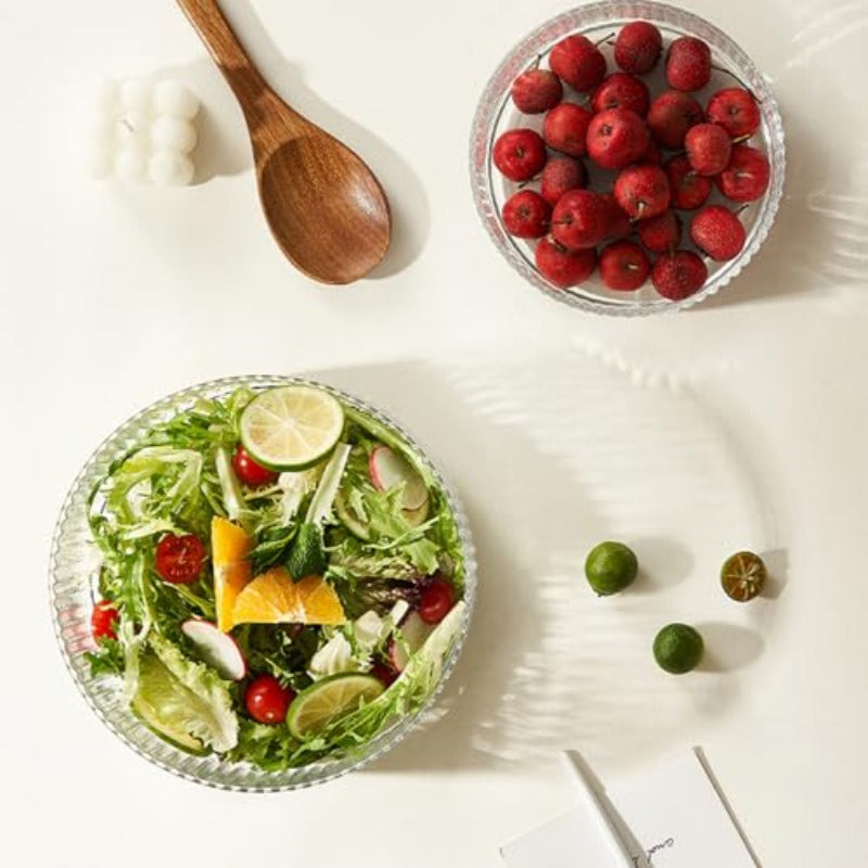 Large Borosilicate Glass Salad Bowl with Natural Stand - 8.74-Inch Wide-Mouth Serving Dish