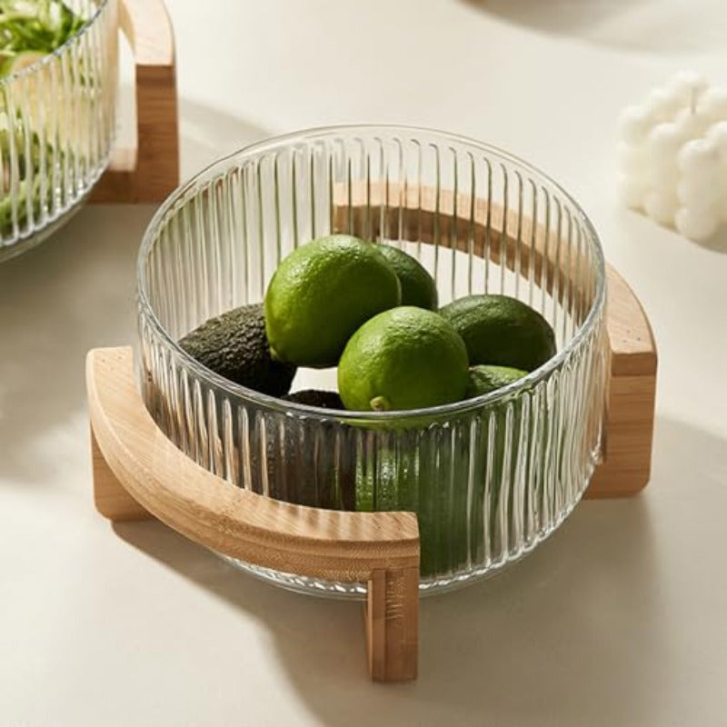 Large Borosilicate Glass Salad Bowl with Natural Stand - 8.74-Inch Wide-Mouth Serving Dish