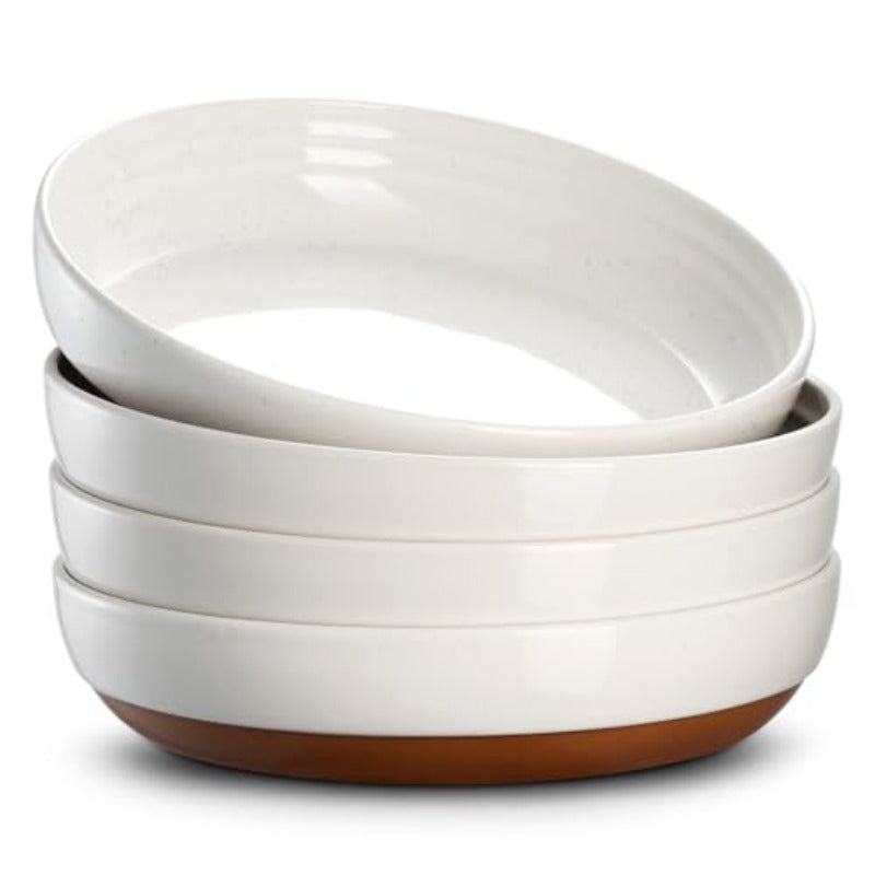 Set of 4 White Ceramic Pasta Bowls with Sesame Glaze Finish