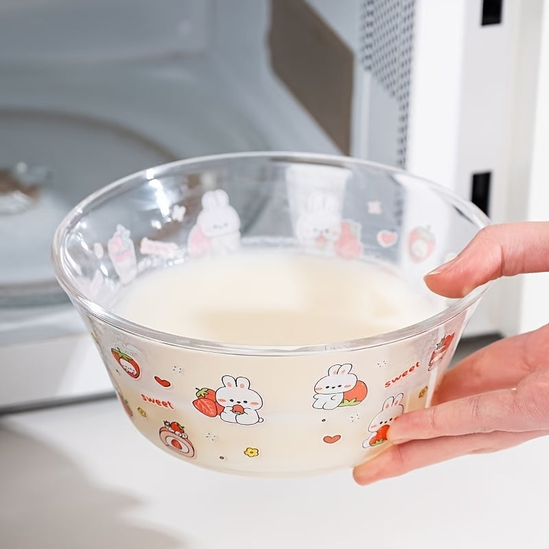 2pcs, cartoon glass salad bowl with lid, suitable for mixed food such as salad