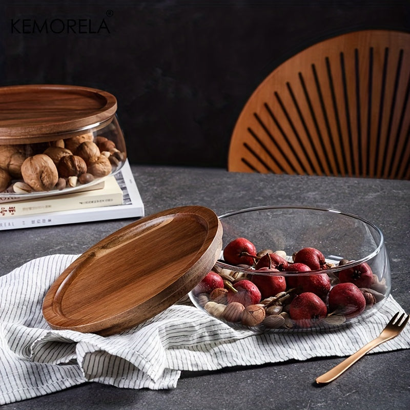 KEMORELA Glass Bowl with Lid - Food-Safe Glass Wood Kitchen Storage Container for Nuts