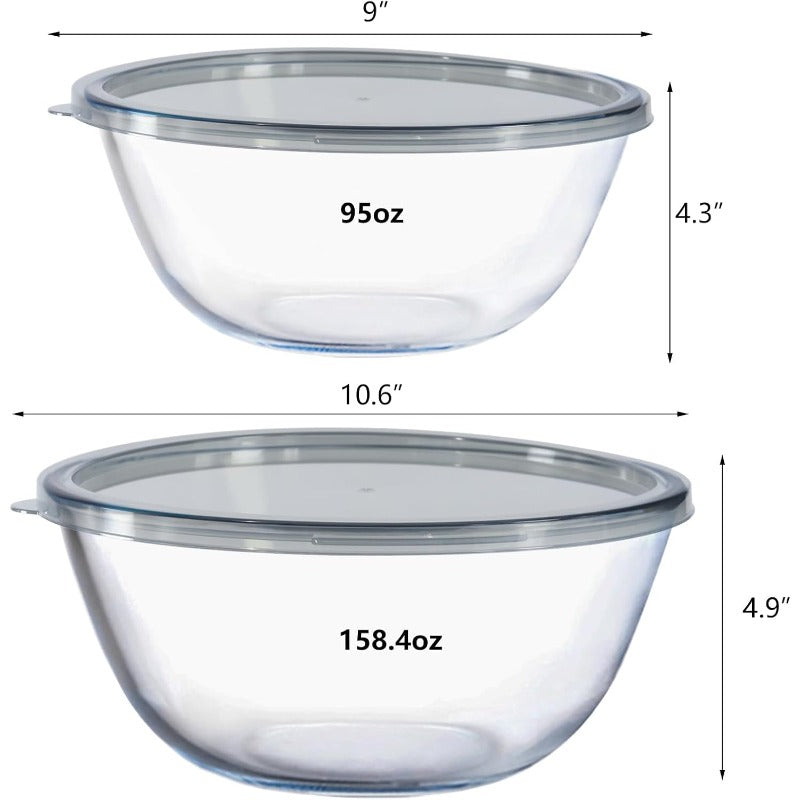 2pcs Large Glass Mixing Bowls with Lids Set - Heavy-Duty Clear Glass Nesting Bowls with Airtight Lids