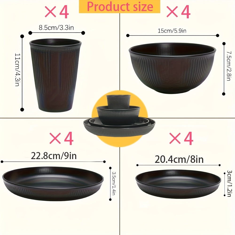 16pcs Cutlery Set with 3D Stripes, Indestructible Plates