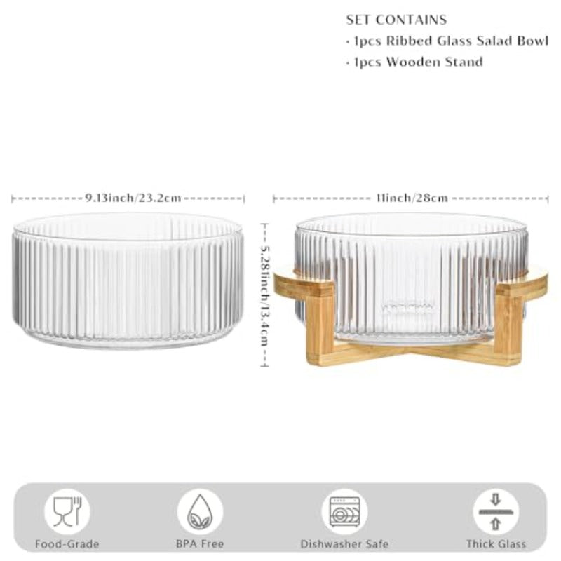 Large Borosilicate Glass Salad Bowl with Natural Stand - 8.74-Inch Wide-Mouth Serving Dish