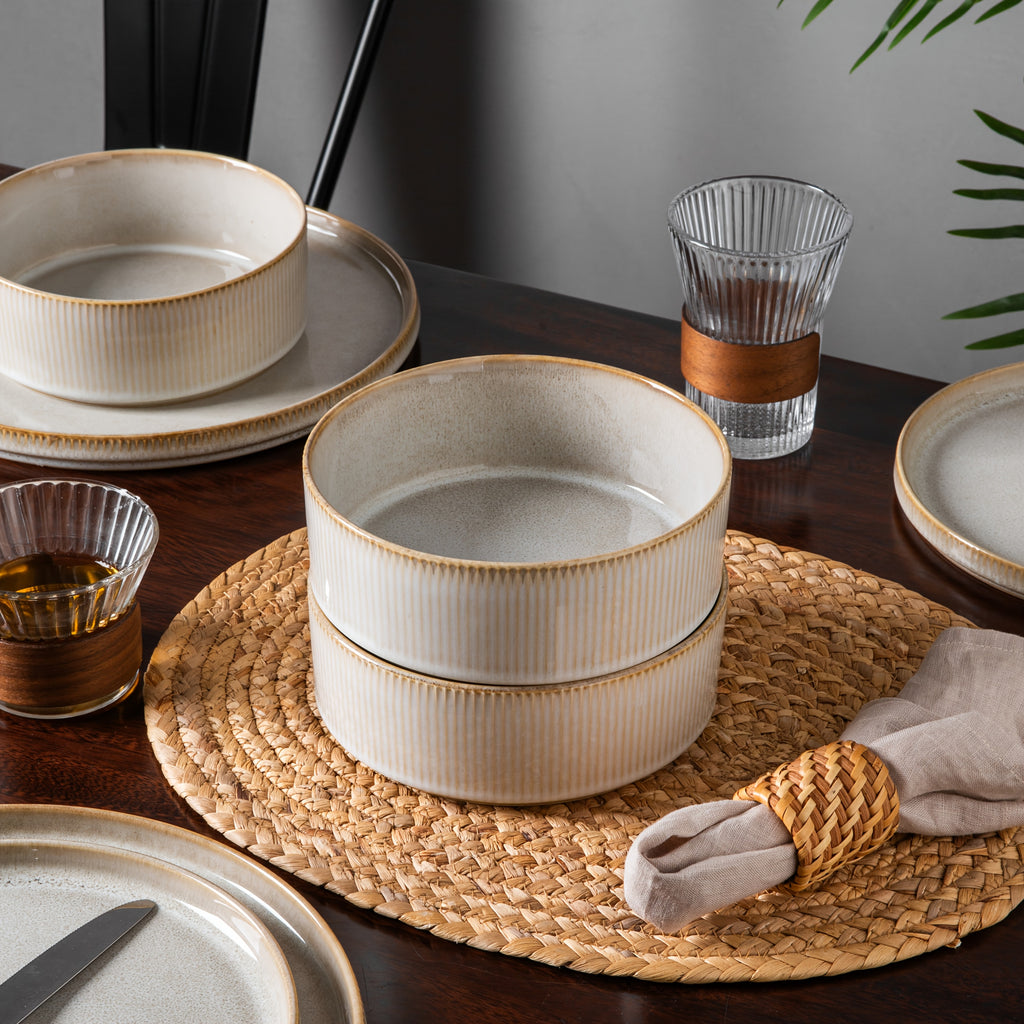 12pcs Striped Cream Beige Ceramic Dinnerware Set