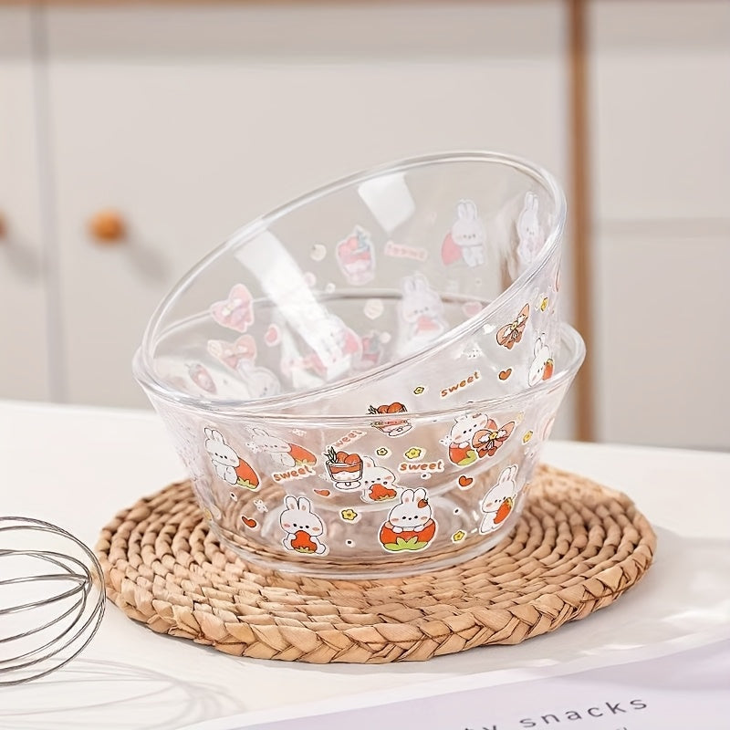 2pcs, cartoon glass salad bowl with lid, suitable for mixed food such as salad