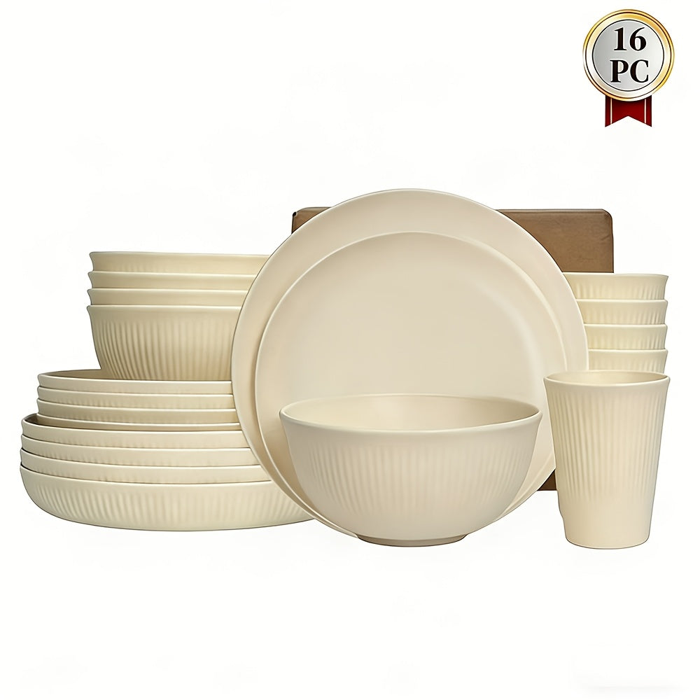 16pcs Cutlery Set with 3D Stripes, Indestructible Plates