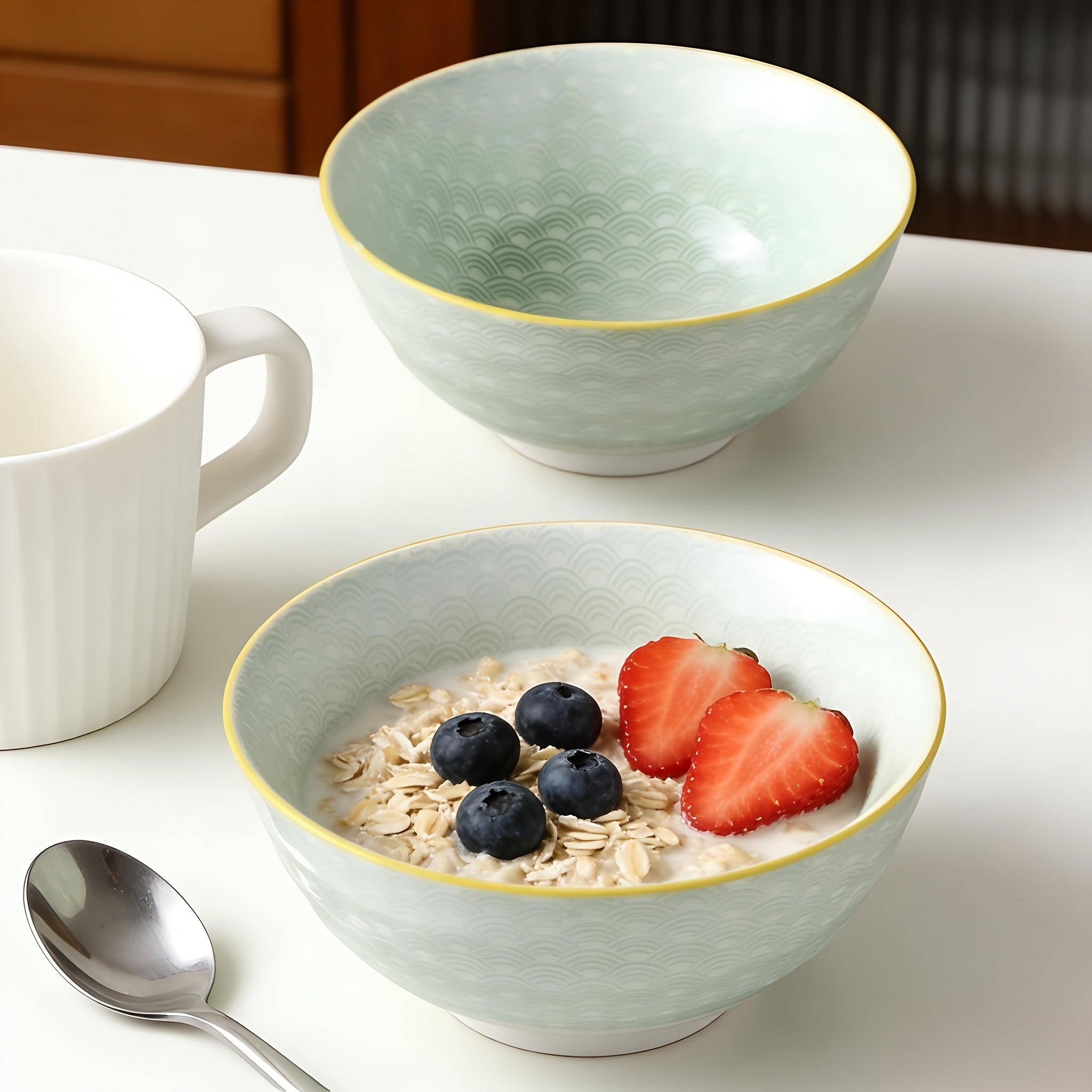 2pcs 8in Retro patterned ceramic bowl | Underglaze color double sided color design ceramic bowl