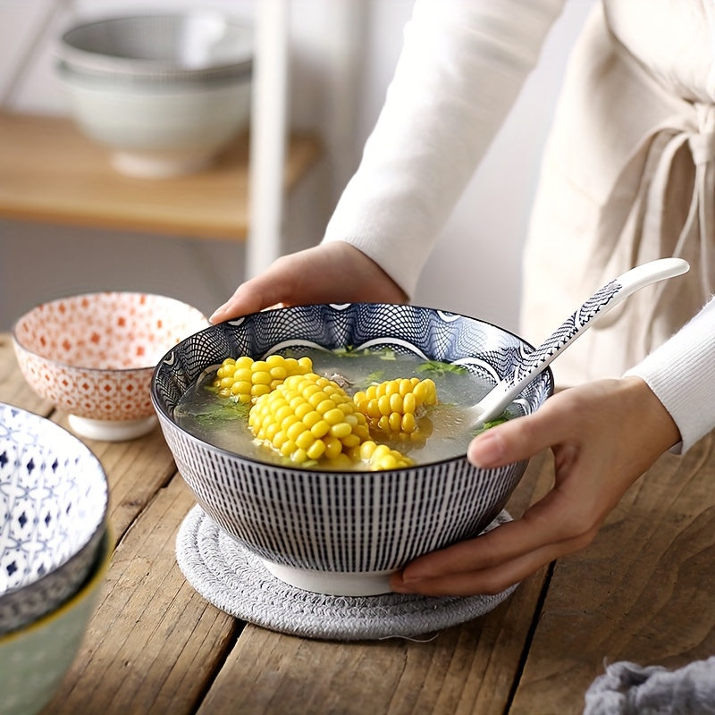 2pcs 8in Retro patterned ceramic bowl | Underglaze color double sided color design ceramic bowl