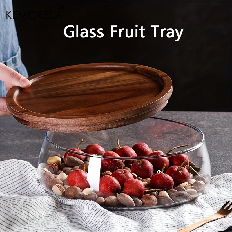 KEMORELA Glass Bowl with Lid - Food-Safe Glass Wood Kitchen Storage Container for Nuts