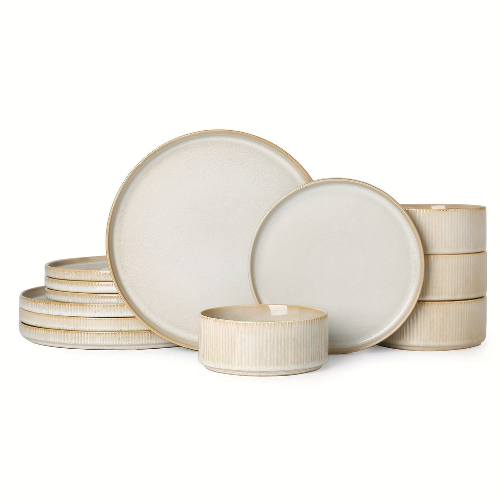 12pcs Striped Cream Beige Ceramic Dinnerware Set
