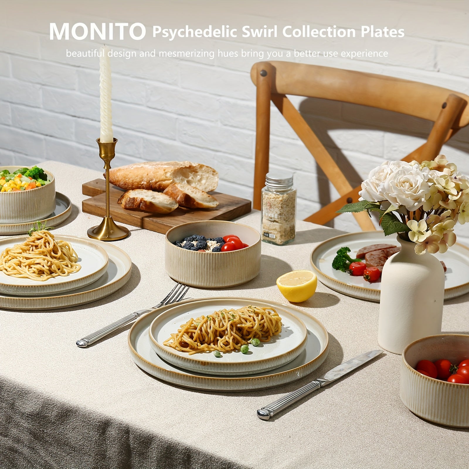12pcs Striped Cream Beige Ceramic Dinnerware Set
