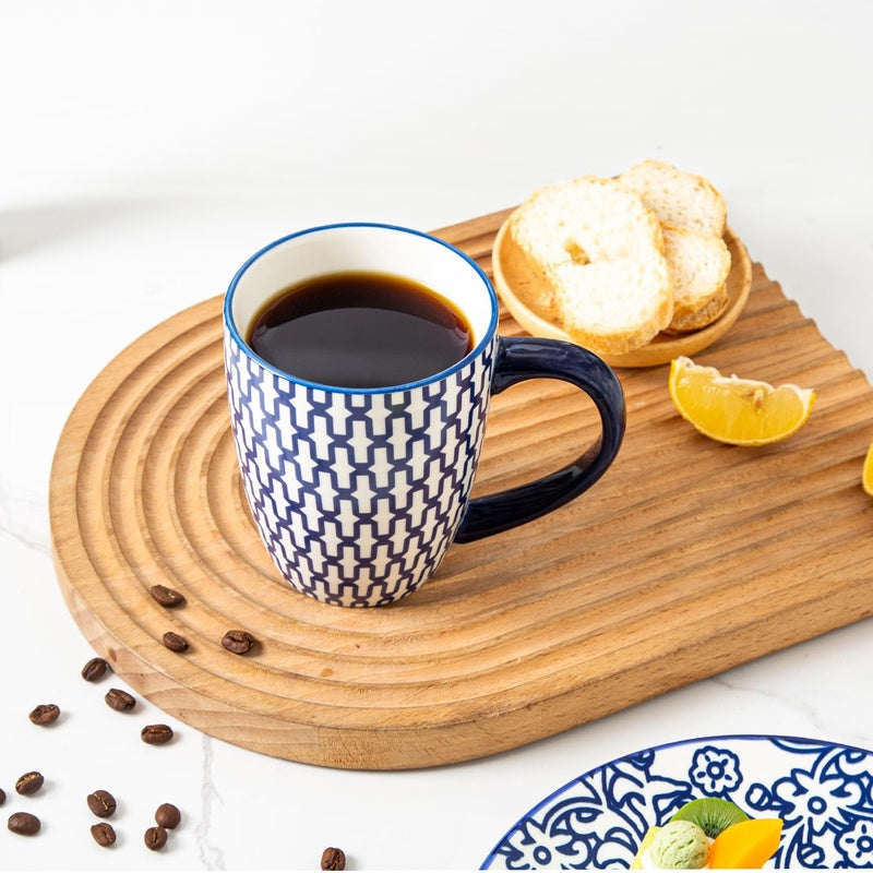 24 Pieces Ceramic Dinnerware - 10.5 Inch Dinner Plates and 8.3 Inch Rec Serving Platter and 12 Oz Dessert Bowls and 16 Oz Coffee Mugs Sets - Service for 6 - Vintage Blue