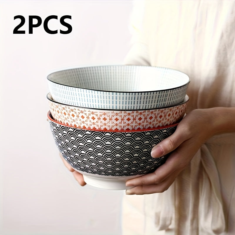 2pcs 8in Retro patterned ceramic bowl | Underglaze color double sided color design ceramic bowl