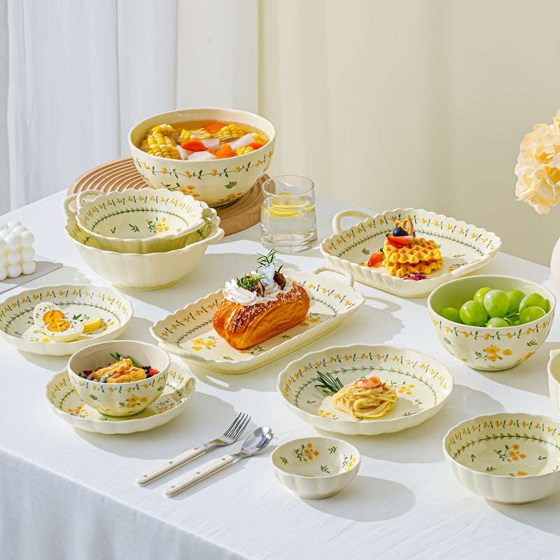 42\u002F56pcs Pastoral Floral Ceramic Tableware Set for Home Use, Creamy Yellow Base with Yellow-Green Floral Patterns, Fresh & Gentle Style, Including Bowls\u002FPlates\u002FRectangular Plates, Ideal for Daily Family Meals, Desserts And Soups