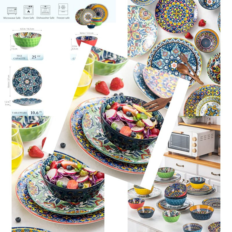 Porcelain Bowl and Dinner Plate Set 24 pcs Dinnerware Set - Bohemian Style