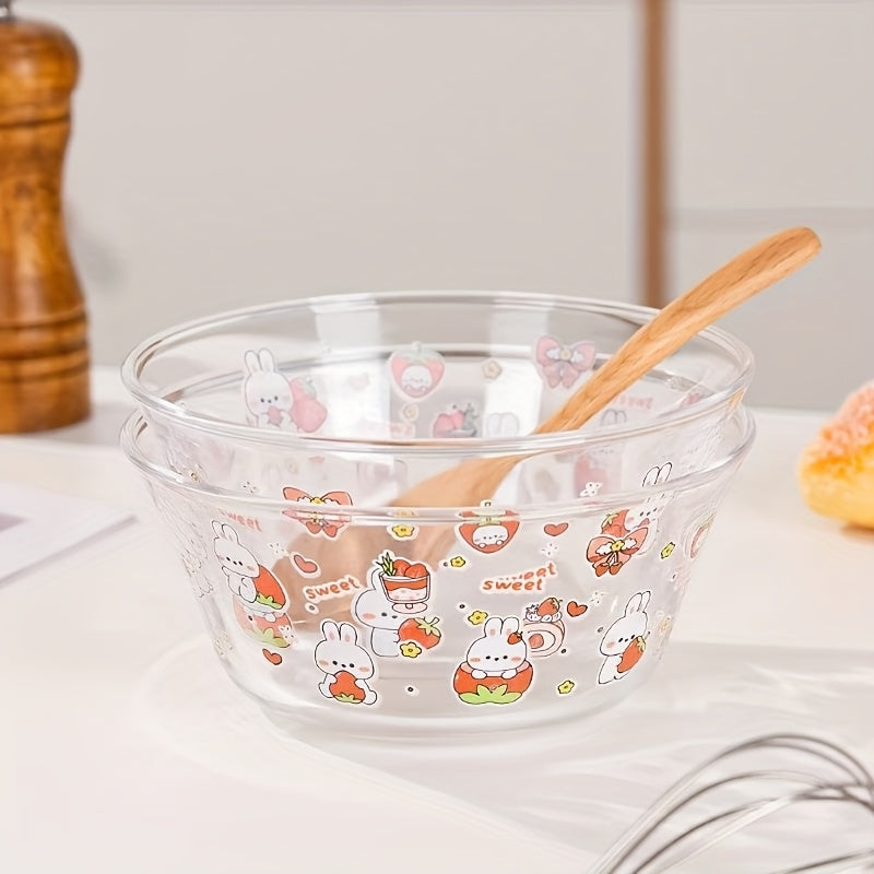 2pcs, cartoon glass salad bowl with lid, suitable for mixed food such as salad