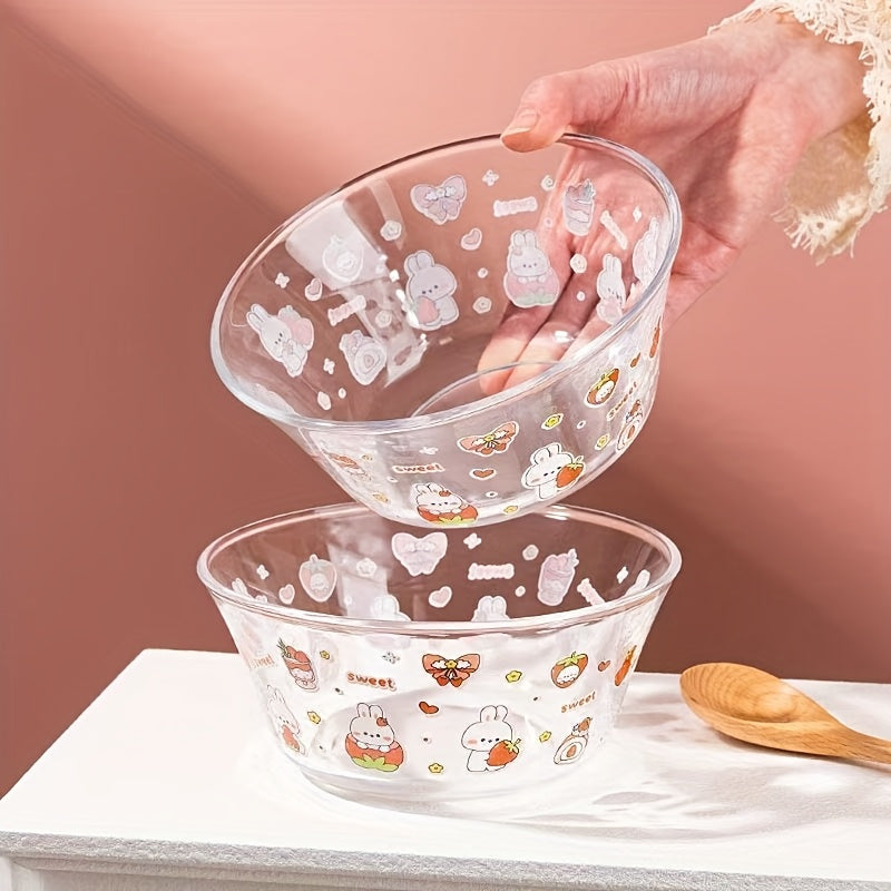 2pcs, cartoon glass salad bowl with lid, suitable for mixed food such as salad