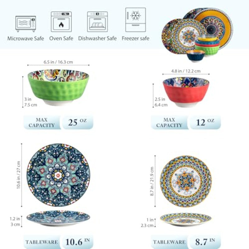 Porcelain Bowl and Dinner Plate Set 24 pcs Dinnerware Set - Bohemian Style