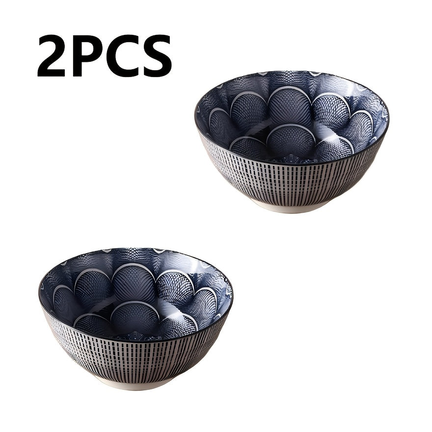 2pcs 8in Retro patterned ceramic bowl | Underglaze color double sided color design ceramic bowl