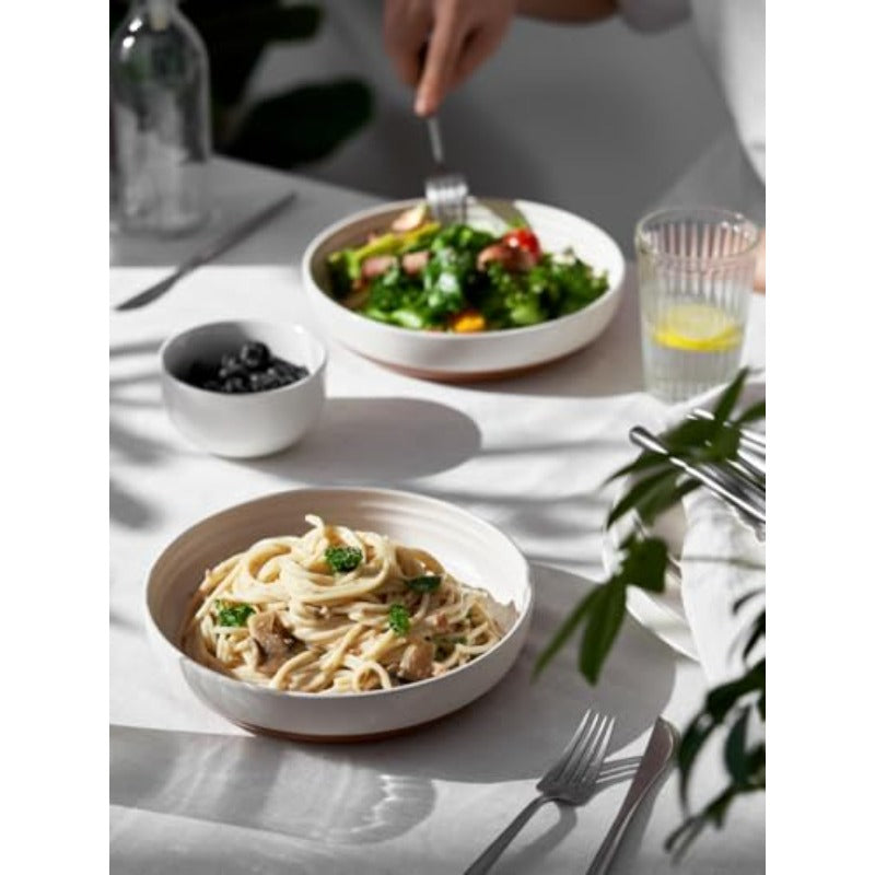 Set of 4 White Ceramic Pasta Bowls with Sesame Glaze Finish