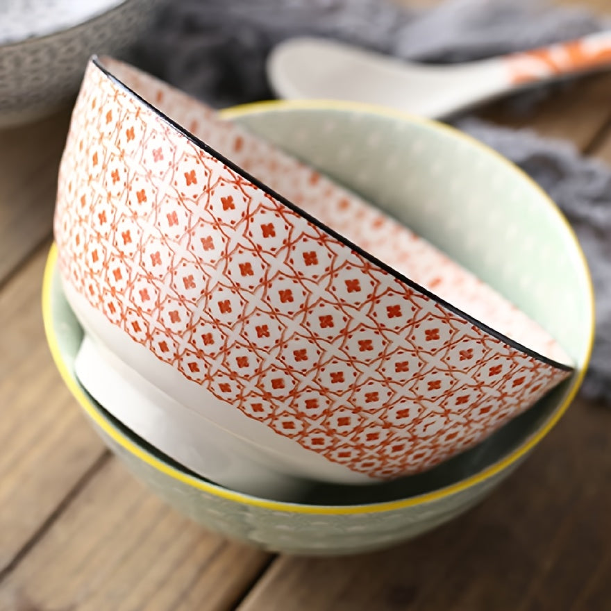 2pcs 8in Retro patterned ceramic bowl | Underglaze color double sided color design ceramic bowl