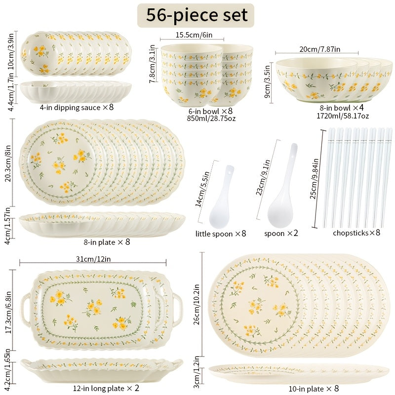 42\u002F56pcs Pastoral Floral Ceramic Tableware Set for Home Use, Creamy Yellow Base with Yellow-Green Floral Patterns, Fresh & Gentle Style, Including Bowls\u002FPlates\u002FRectangular Plates, Ideal for Daily Family Meals, Desserts And Soups