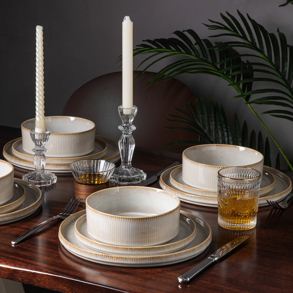 12pcs Striped Cream Beige Ceramic Dinnerware Set
