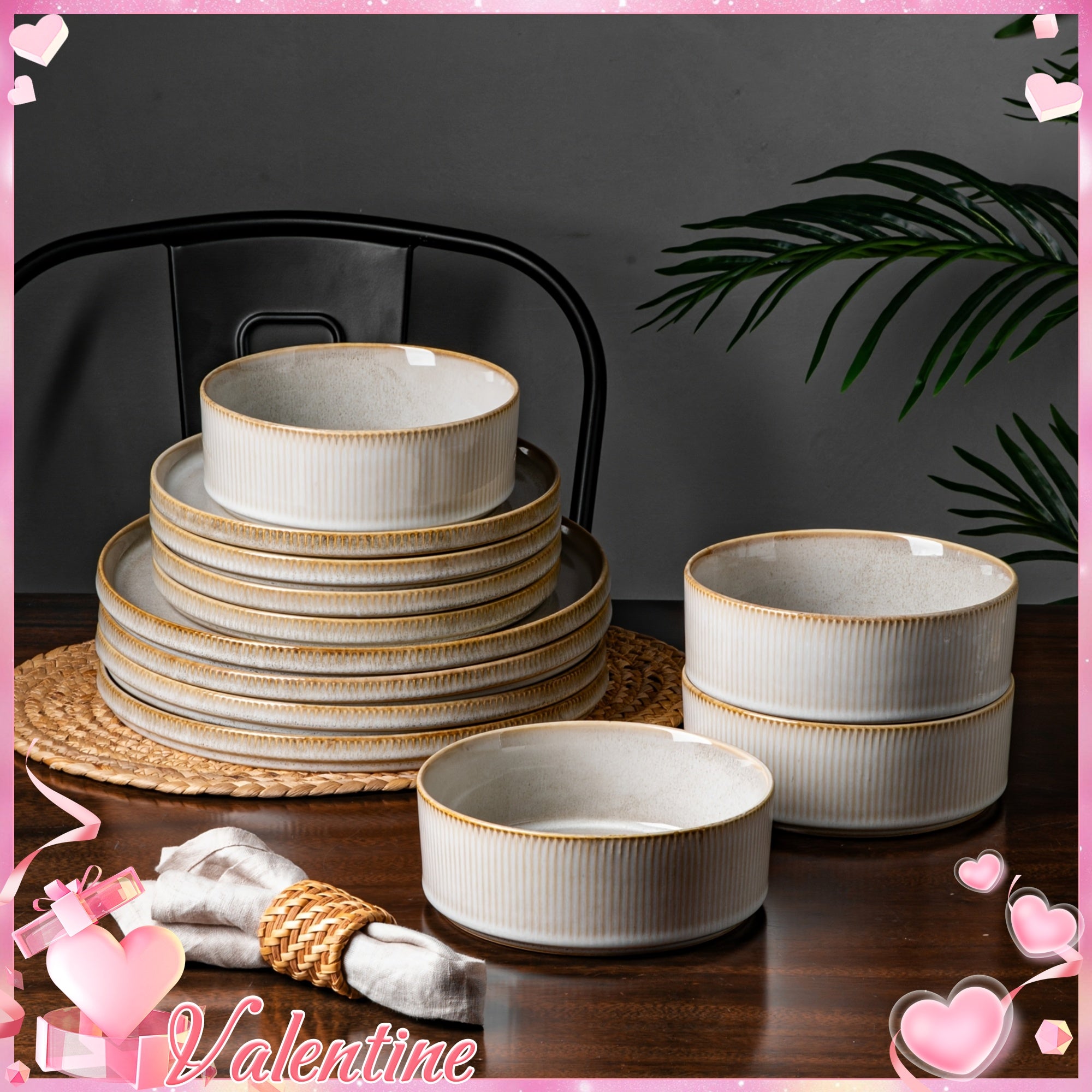 12pcs Striped Cream Beige Ceramic Dinnerware Set