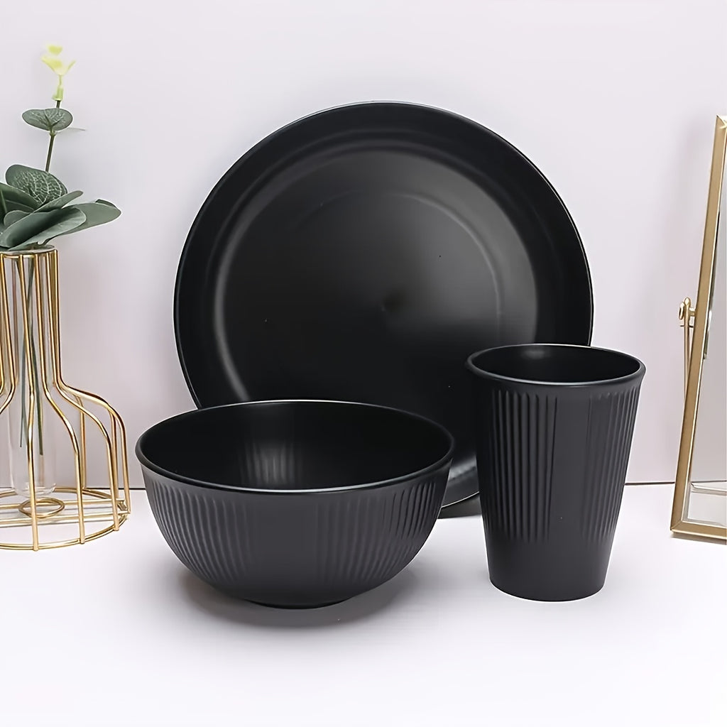 16pcs Cutlery Set with 3D Stripes, Indestructible Plates